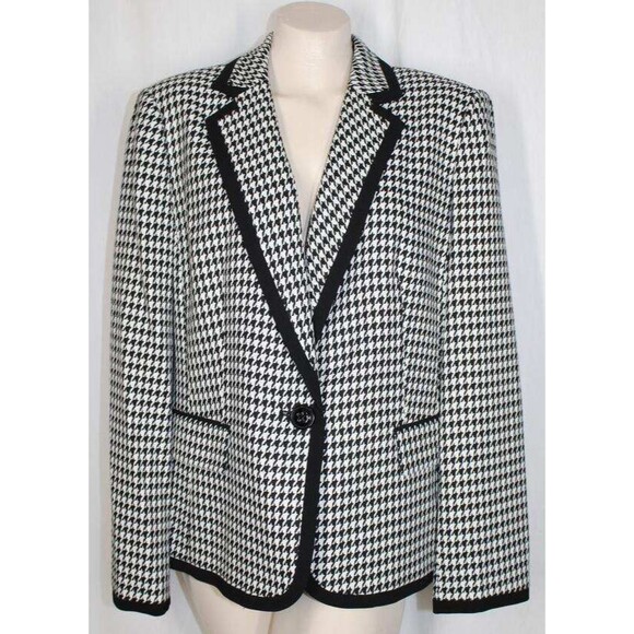 Kasper 16 L Black White Houndstooth Check Black Trim Pockets Blazer - Picture 1 of 6